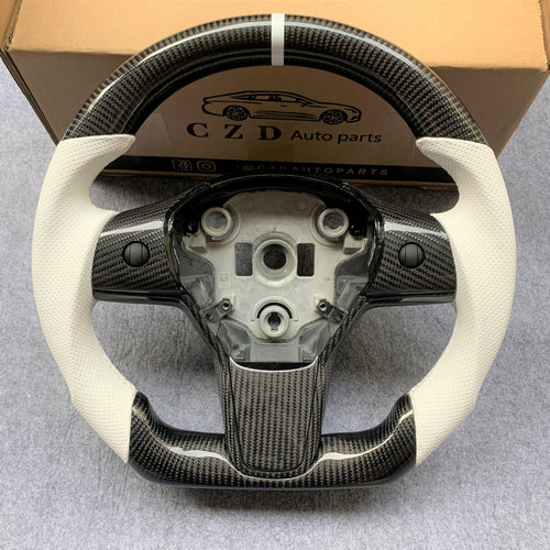 CZD Tesla model Y model 3 Carbon fiber steering wheel in white leather design