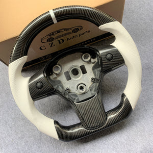 CZD Tesla model Y model 3 Carbon fiber steering wheel in white leather design