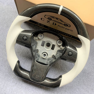 CZD Tesla model Y model 3 Carbon fiber steering wheel in white leather design