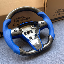 Load image into Gallery viewer, CZD Tesla model 3/model Y carbon fiber steering wheel with blue perforated leather